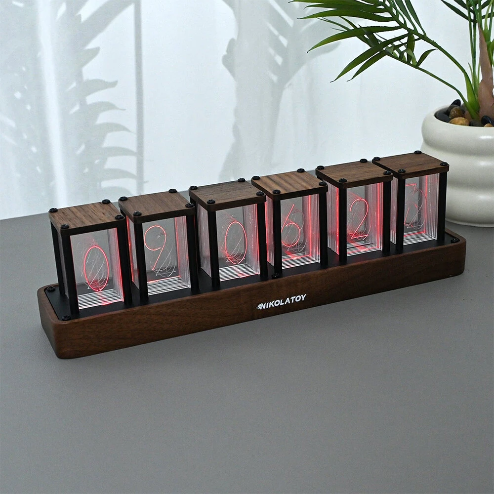 NIKOLATOY Full-Color Six-Tube Simulated LED Clock with Digital Ambient Light Creative Retro Walnut Wood RGB Glow Tube Clock Exquisite Desktop Ornaments — view 6