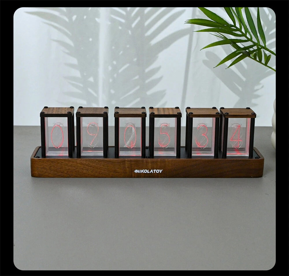 NIKOLATOY Full-Color Six-Tube Simulated LED Clock with Digital Ambient Light Creative Retro Walnut Wood RGB Glow Tube Clock Exquisite Desktop Ornaments — view 7