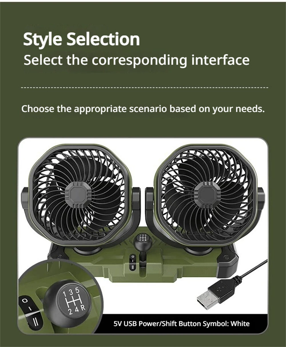 OATSBASF 5V 12V 24V Dual Head Car Fan 2 Speed Adjustment 360° Rotatable Low Noise USB Lighter Universal Vehicle Cooling Fan — view 8