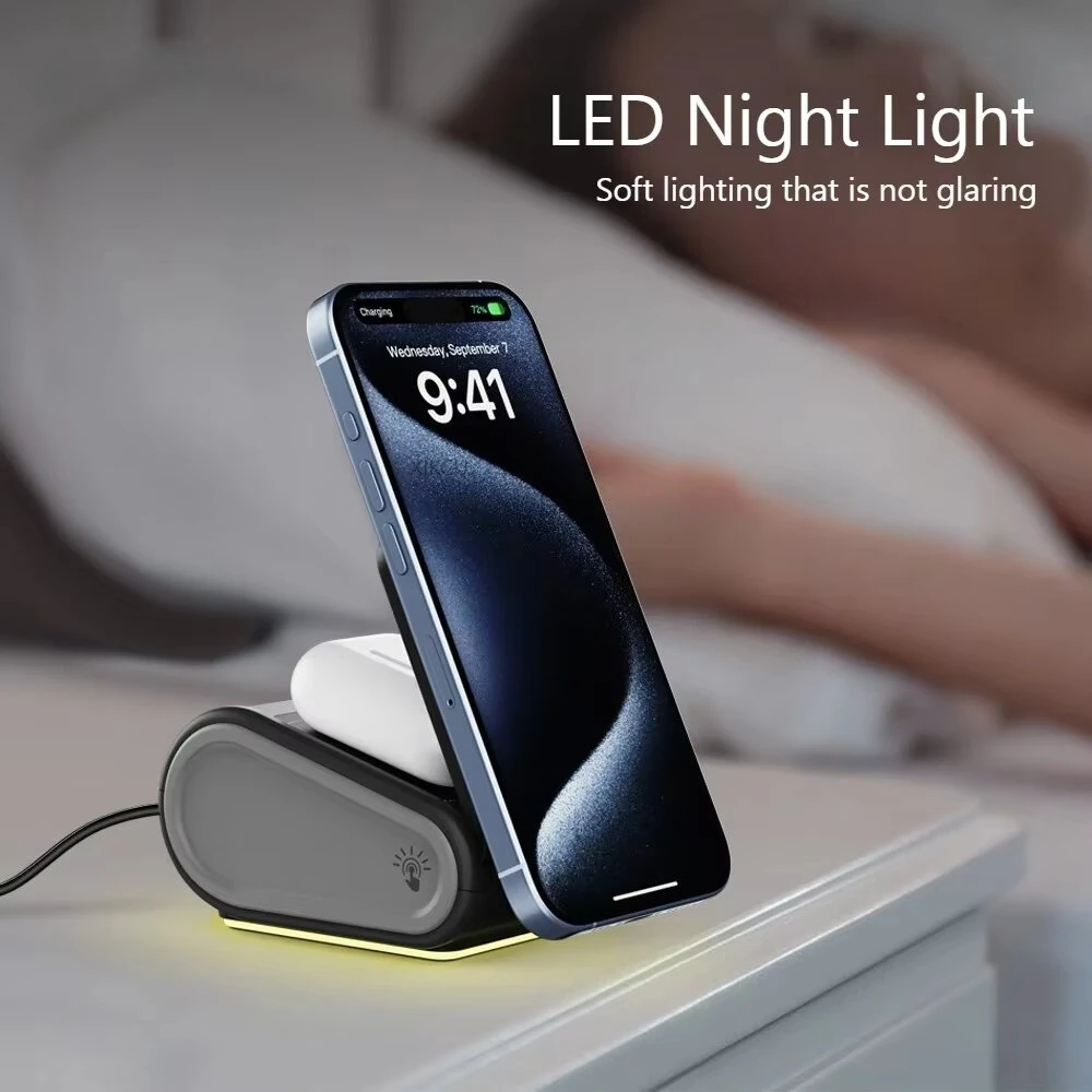 OJD-133 15W Magnetic Wireless Charger Fast Wireless Charging Stand with Night Light for Smart Phones for iPhone 17 17Pro Max 16 15 14 for Xiaomi 17pro for Huawei Mate XTs for Airpods for Apple Watch — view 5