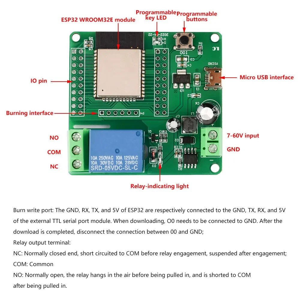 One Channel Relay ESP32-WROOM Development Board Single Relay Module DC 7-60V Power Supply for Home Appliance Accessories — view 3