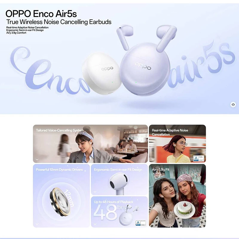 OPPO Enco Air5s TWS bluetooth 6.0 Headset Wireless ANC Earphone 12mm Dynamic Drivers 360° Spatial Audio 3-Mic AI Call Noise Cancelling 48H Playback Low Gaming Latency AI Translation IP55 Waterproof Touch Control Semi-in-ear Sports Headphones — view 2