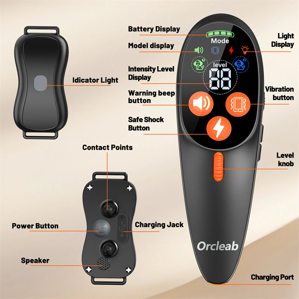 ORCLEAB BC901 Remote Dog Training Collar 3300FT Long Range IP67 Waterproof Receiver 3 Modes Beep Vibration Shock Dual Channel Type-C Fast Charging Safety Light — view 6