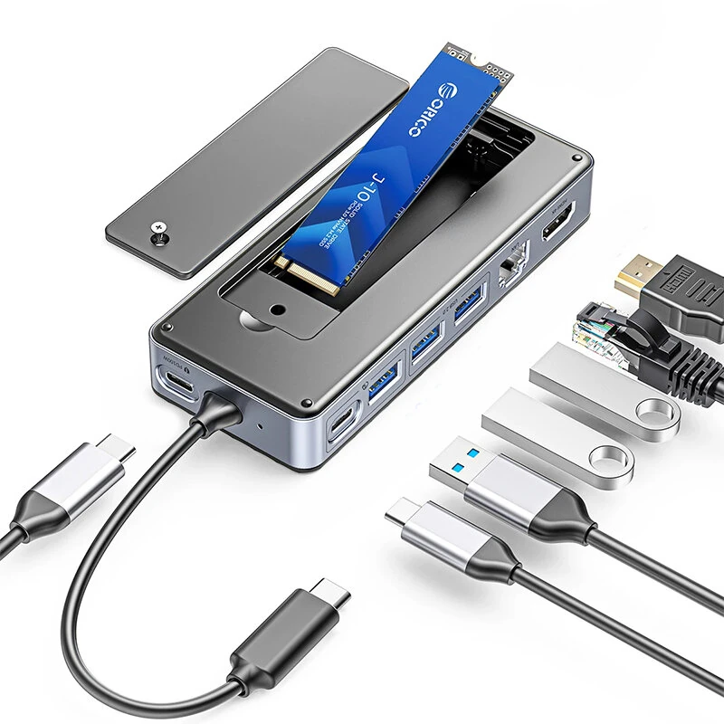ORICO 8-in-1 USB-C Hub with SSD Enclosure Laptop Docking Station Adapter with 4K/60Hz HD / USB3.2 Gen2 / USB2.0*2 / Type-C Data / PD100W Type-C / 1000M RJ45 / M.2 NVMe SATA SSD for PC Laptop Matebook HUAWEI XIAOMI Macbook Pro — Orico