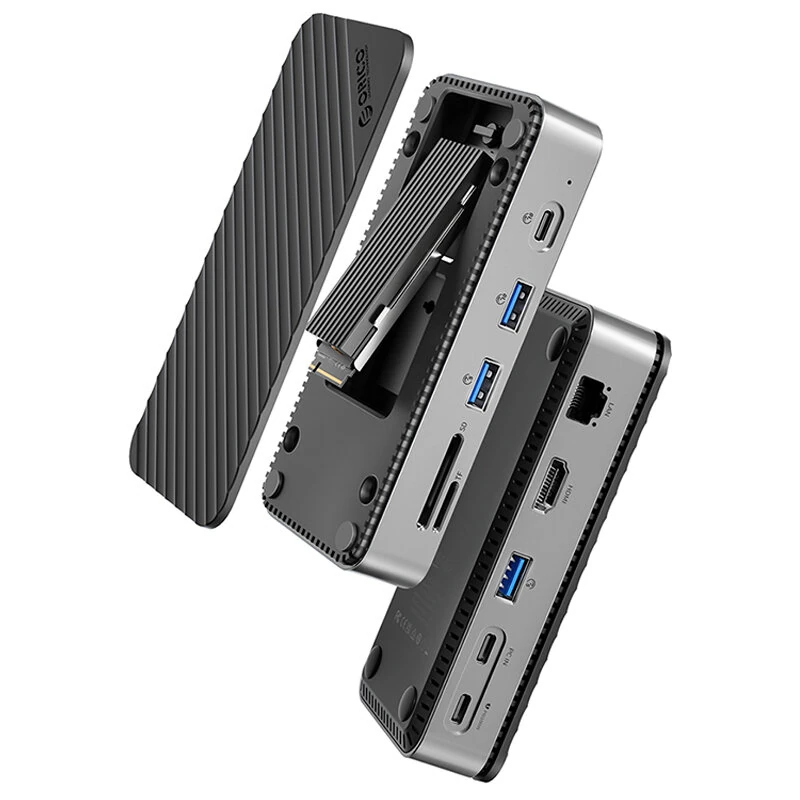 ORICO DPM2P9 10-in-1 M.2 SSD Enclosure Docking Station with Cooling Fan PD100W / 10Gbps Type-C*2 / 5Gbps USB3.0*2 / 10Gbps USB3.2 Gen2 / 4K@60Hz HD / 1000M RJ45 / SD&TF3.0 Multi-ports USB-C Hub Splitter Adapter — Orico