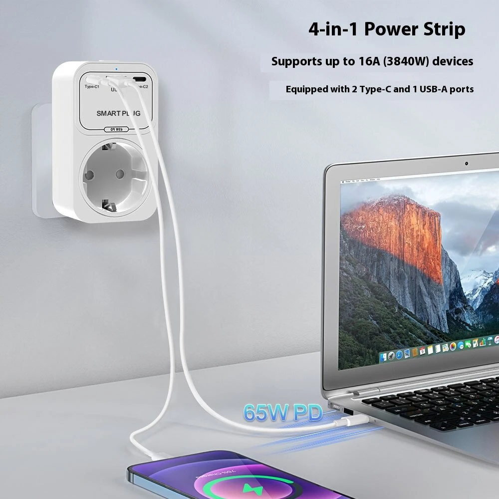 OT50 Tuya Smart WiFi GaN Fast Charger EU Socket 65W PD Charging 2 Type-C+USB-A Ports APP Remote Push Timing Function Voice Control with Alexa Google Assistant — view 2
