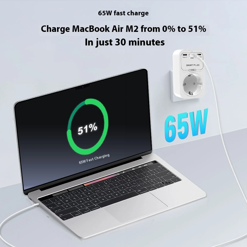 OT50 Tuya Smart WiFi GaN Fast Charger EU Socket 65W PD Charging 2 Type-C+USB-A Ports APP Remote Push Timing Function Voice Control with Alexa Google Assistant — view 3