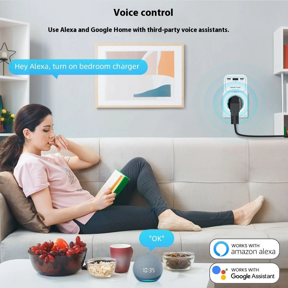 OT50 Tuya Smart WiFi GaN Fast Charger EU Socket 65W PD Charging 2 Type-C+USB-A Ports APP Remote Push Timing Function Voice Control with Alexa Google Assistant — view 7