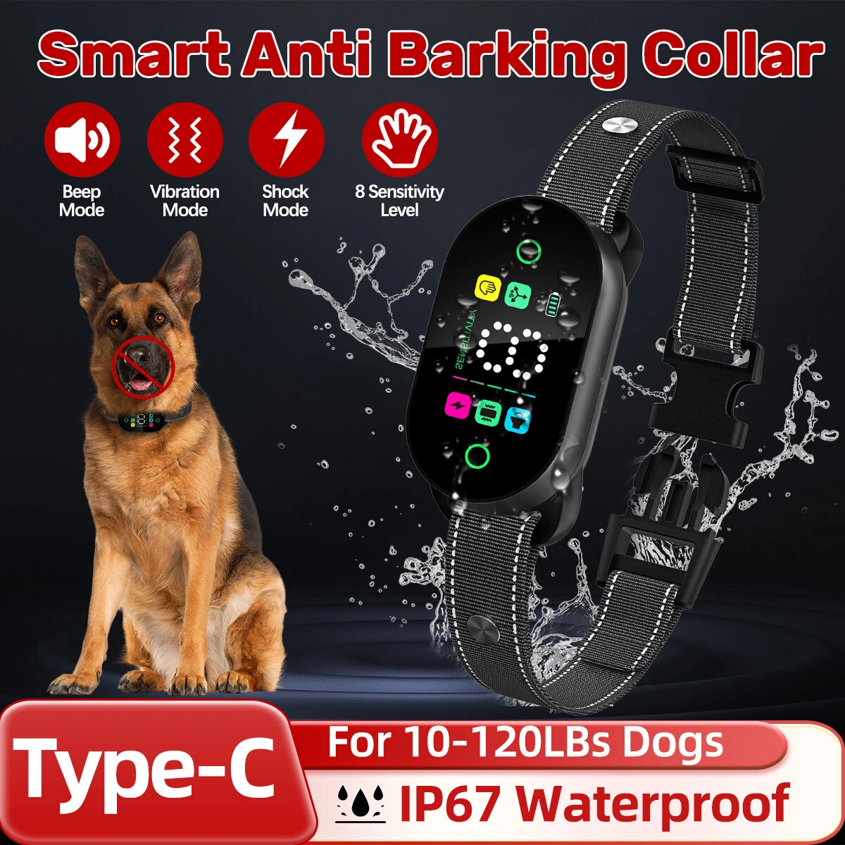 PB20 Smart Dog Training Collar Anti Barking Intelligent Automatic Adjustable Sensitivity Beep Shock Vibrator IP67 Waterproof Type-C Charging for Dog 10-120LBs — view 2