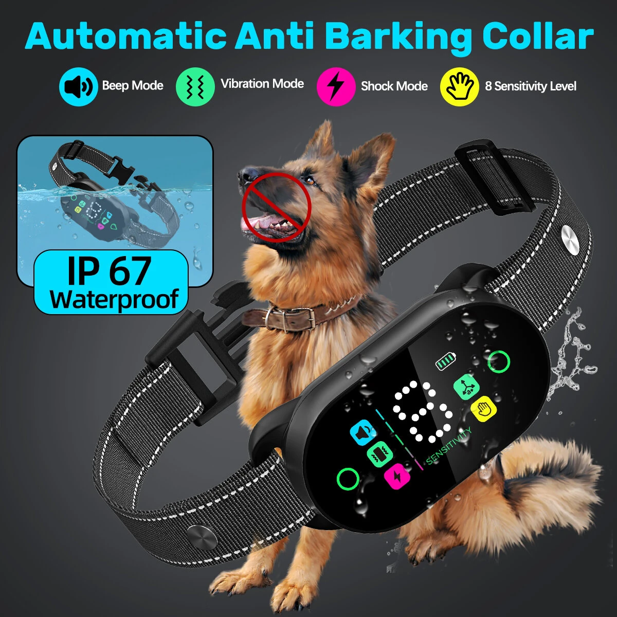 PB20 Smart Dog Training Collar Anti Barking Intelligent Automatic Adjustable Sensitivity Beep Shock Vibrator IP67 Waterproof Type-C Charging for Dog 10-120LBs — view 3