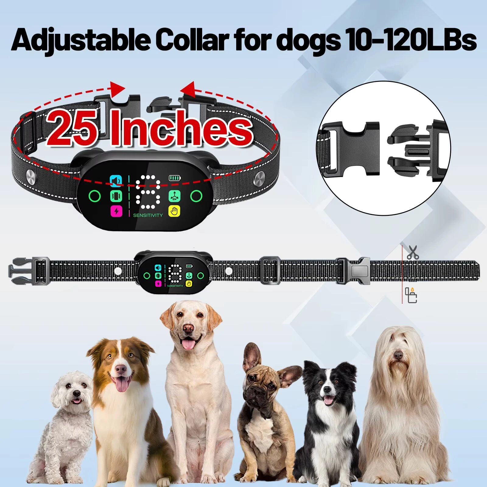 PB20 Smart Dog Training Collar Anti Barking Intelligent Automatic Adjustable Sensitivity Beep Shock Vibrator IP67 Waterproof Type-C Charging for Dog 10-120LBs — view 7