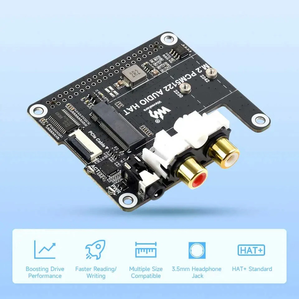 PCIe To M.2 HAT With I2S Audio Extension For Raspberry Pi Supports NVMe Protocol Solid State Drive PCM5122 DAC Onboard RCA Connector Headphone Jack — view 2