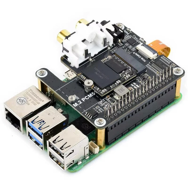 PCIe To M.2 HAT With I2S Audio Extension For Raspberry Pi Supports NVMe Protocol Solid State Drive PCM5122 DAC Onboard RCA Connector Headphone Jack — view 5