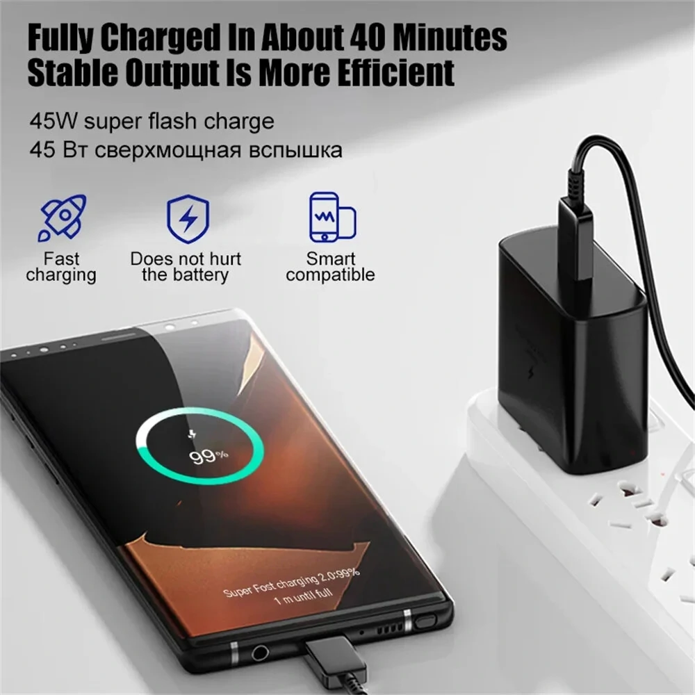 PD45W 1-Port USB PD Charger USB-C Fast Charging Wall Charger Adapter EU Plug US Plug with 1M Type-C to Type-C Cable — view 2