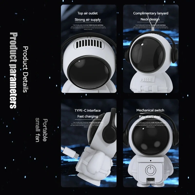 Personal Mini Fan Astronaut Leafless Fan Cute Spaceman Ornament USB Rechargeable Quiet Handheld Fan Portable Cordless Fan for Travel Outdoor — view 7