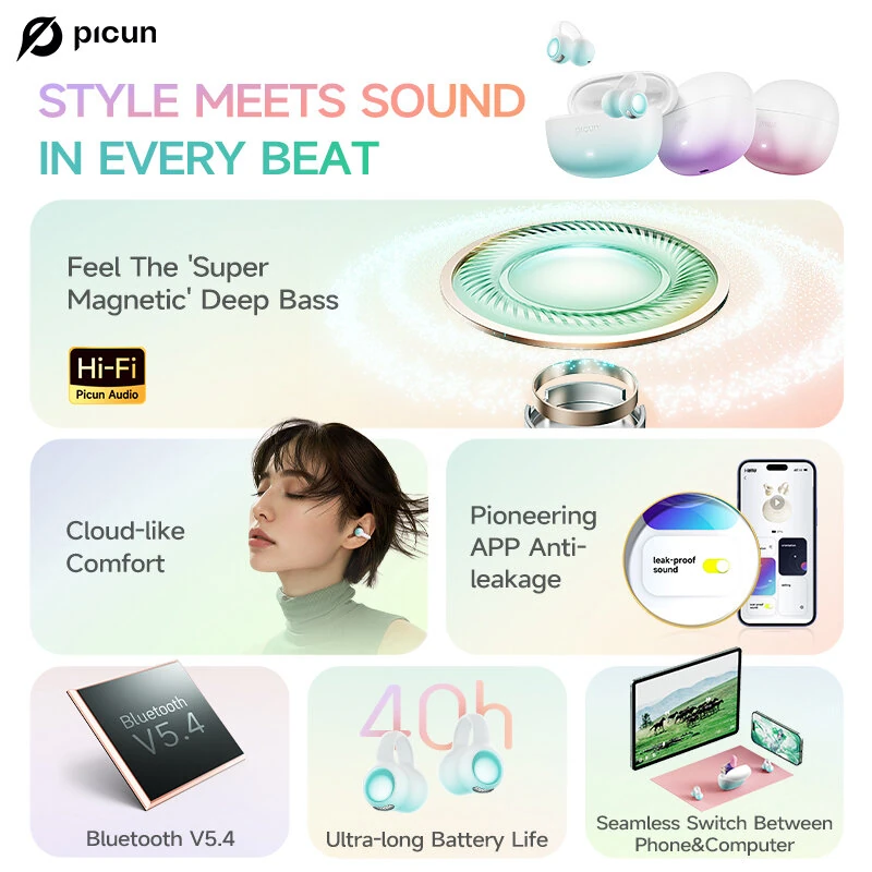 PICUN W5 TWS Earclip Earbuds Wireless bluetooth 5.4 Earphone HiFi Audio Deep Bass Dual-Mic AI Call Noise Reduction 40H Playback Lightweight Flexible Comfort Low Gaming Latency Sports Headphones — view 4
