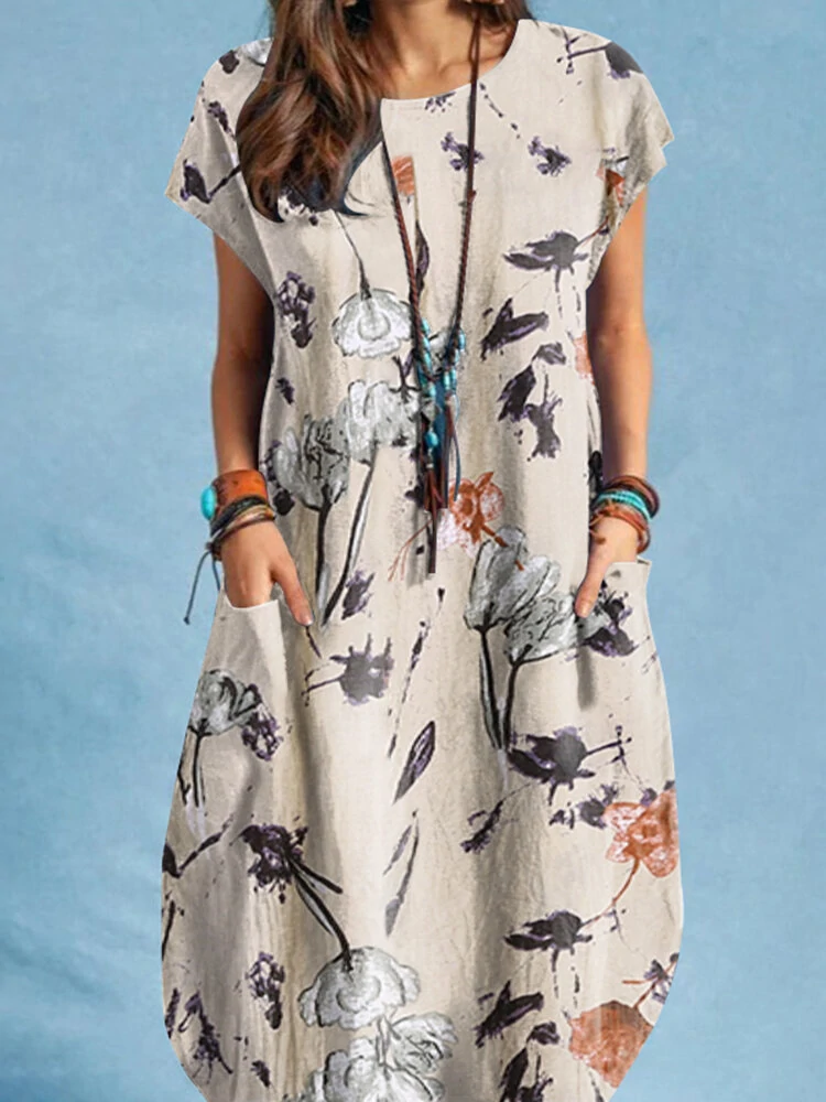 Plant Print Pocket Short Sleeve Casual Midi Dress