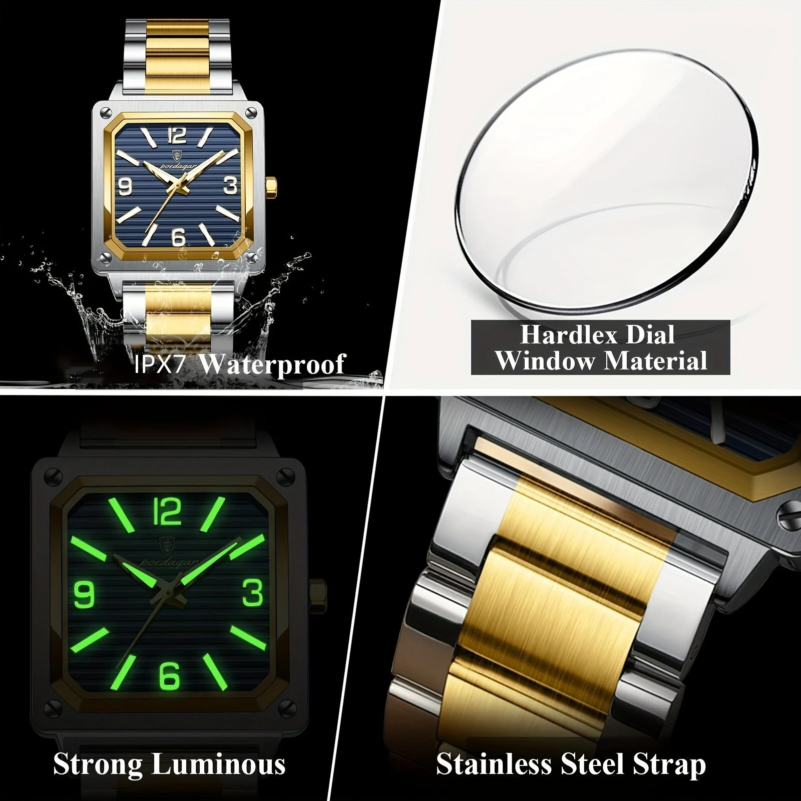 POEDAGAR Luxury Fashion Men's Square Business Quartz Watch Waterproof Luminous Stainless Steel Strap Men Watches — view 3