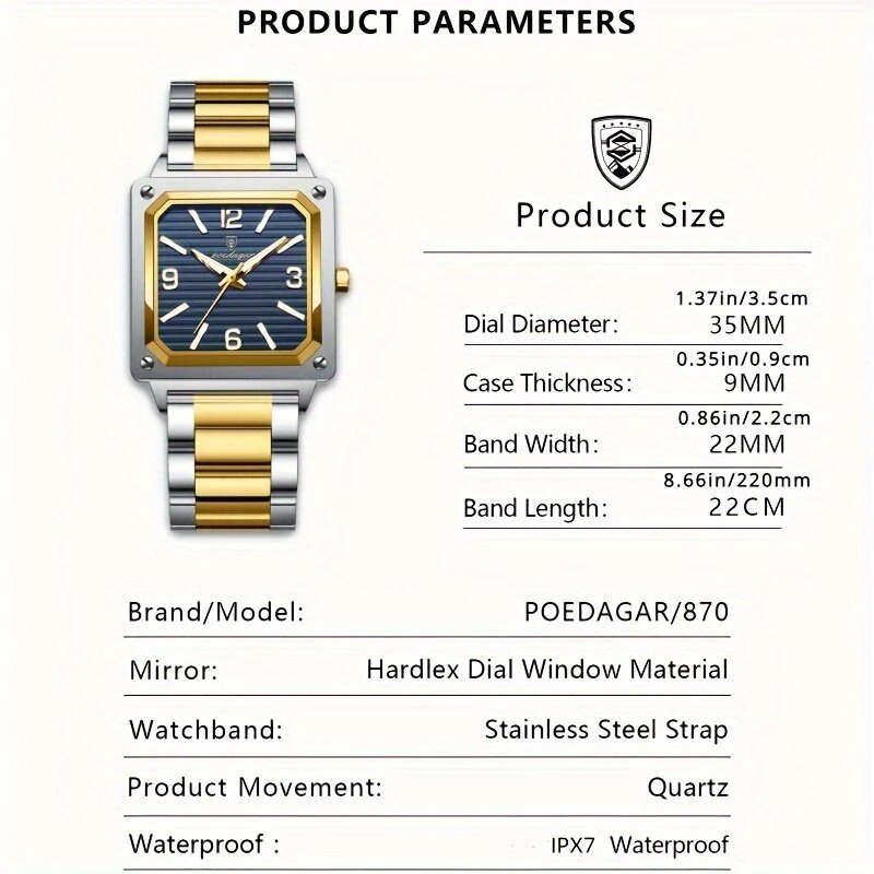 POEDAGAR Luxury Fashion Men's Square Business Quartz Watch Waterproof Luminous Stainless Steel Strap Men Watches — view 4