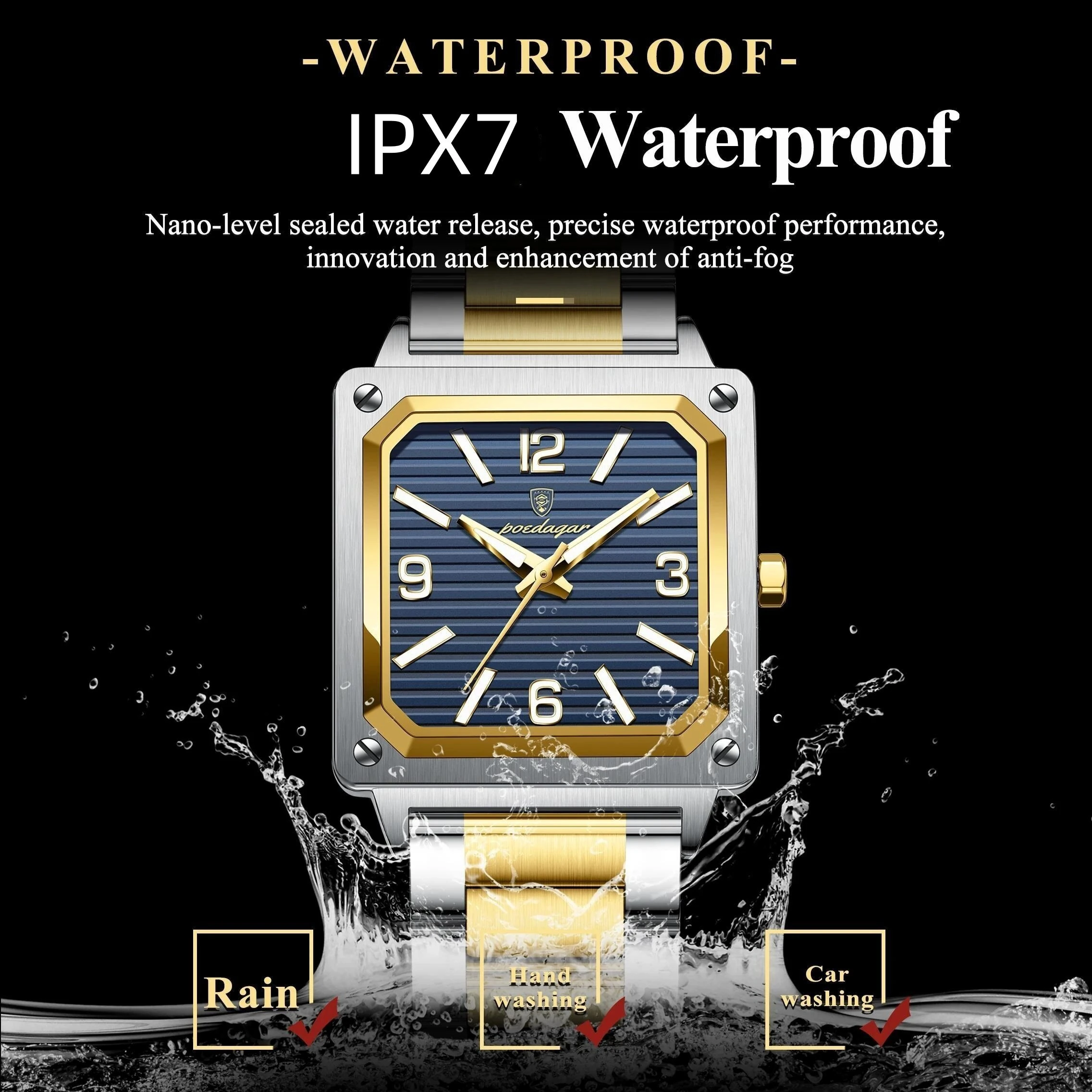 POEDAGAR Luxury Fashion Men's Square Business Quartz Watch Waterproof Luminous Stainless Steel Strap Men Watches — view 5
