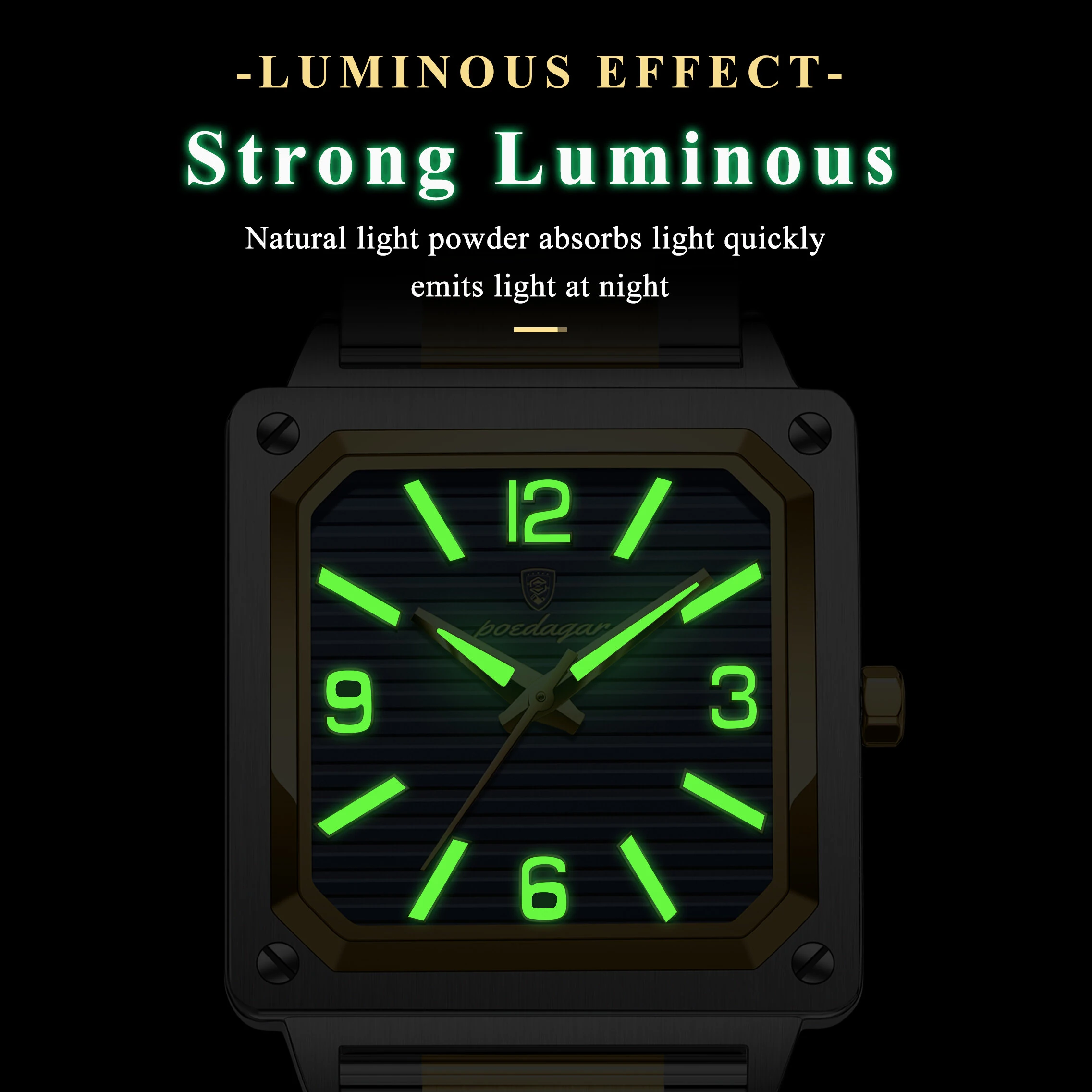 POEDAGAR Luxury Fashion Men's Square Business Quartz Watch Waterproof Luminous Stainless Steel Strap Men Watches — view 6