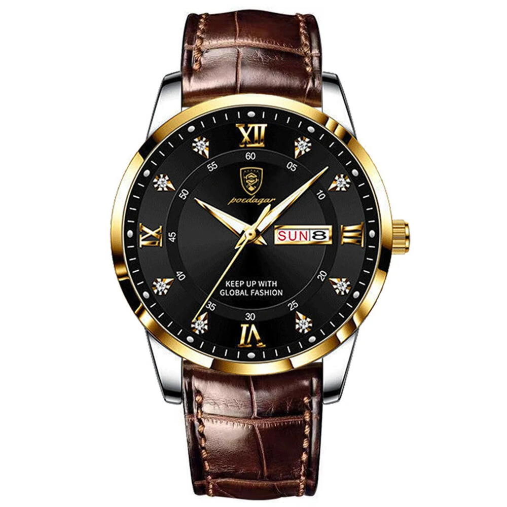 POEDAGAR Luxury Rhinestone Business Men Quartz Watch Calendar Week Luminous Pointer Leather Strap Waterproof Wristwatch — view 10
