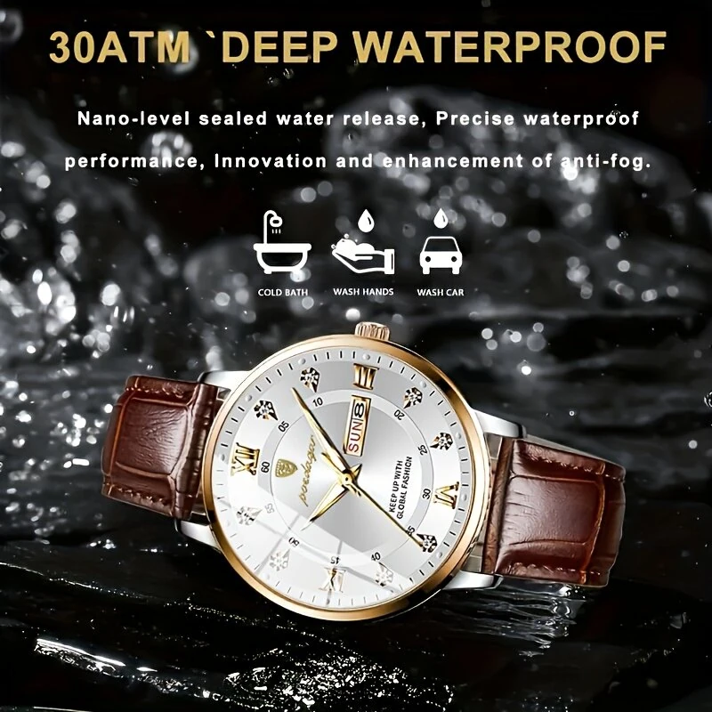 POEDAGAR Luxury Rhinestone Business Men Quartz Watch Calendar Week Luminous Pointer Leather Strap Waterproof Wristwatch — view 3
