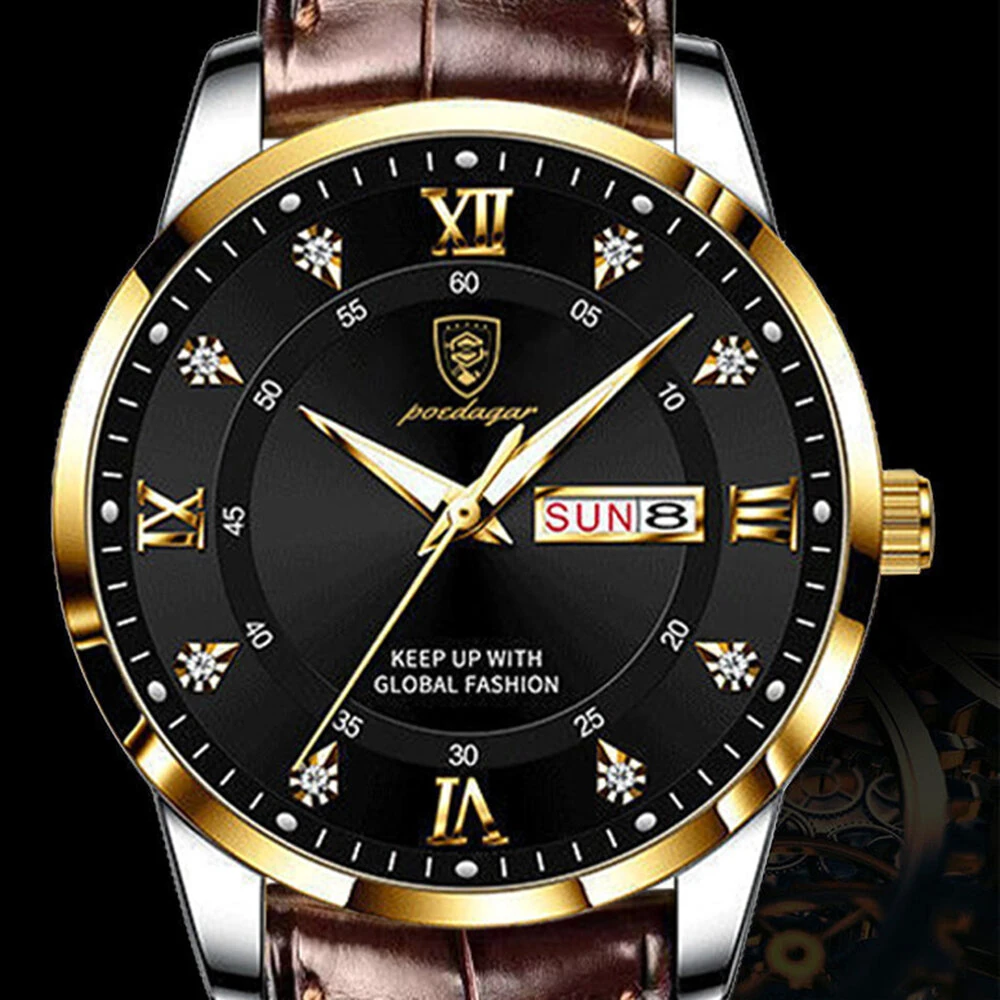 POEDAGAR Luxury Rhinestone Business Men Quartz Watch Calendar Week Luminous Pointer Leather Strap Waterproof Wristwatch — view 4