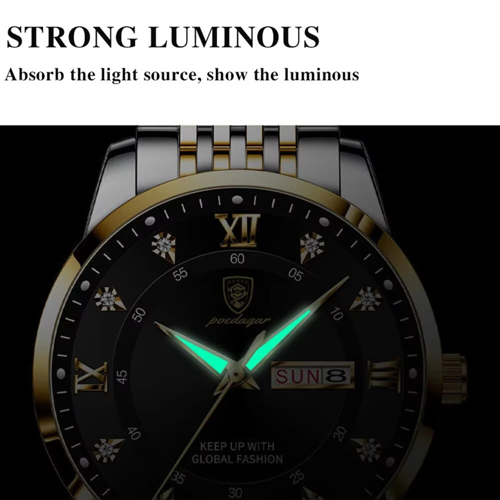 POEDAGAR Luxury Rhinestone Business Men Quartz Watch Calendar Week Luminous Pointer Leather Strap Waterproof Wristwatch — view 5