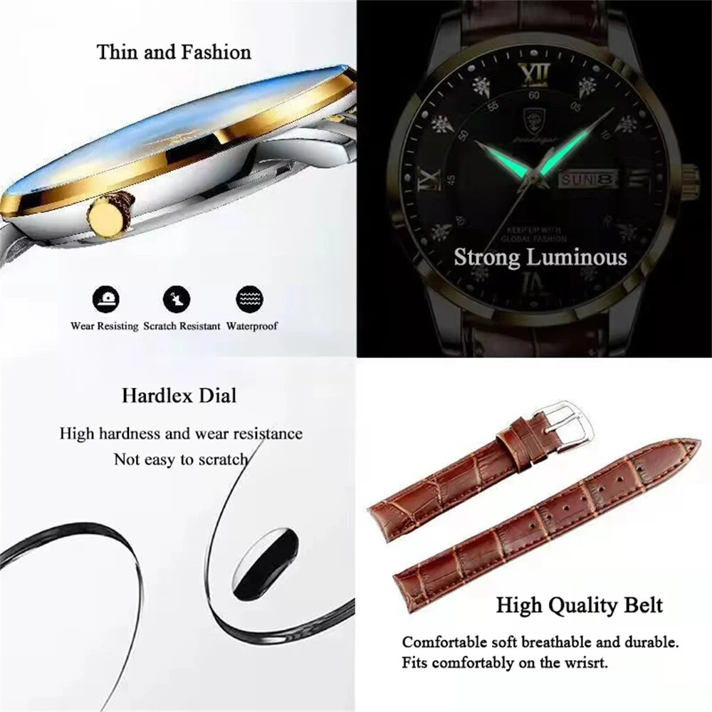 POEDAGAR Luxury Rhinestone Business Men Quartz Watch Calendar Week Luminous Pointer Leather Strap Waterproof Wristwatch — view 7