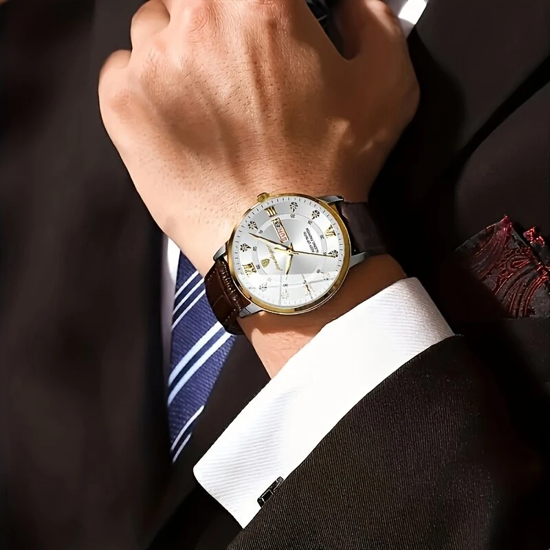 POEDAGAR Luxury Rhinestone Business Men Quartz Watch Calendar Week Luminous Pointer Leather Strap Waterproof Wristwatch — view 8