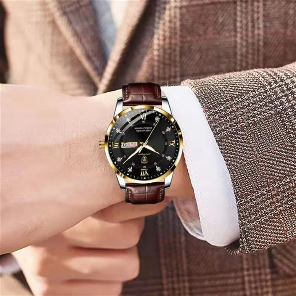 POEDAGAR Luxury Rhinestone Business Men Quartz Watch Calendar Week Luminous Pointer Leather Strap Waterproof Wristwatch — view 9