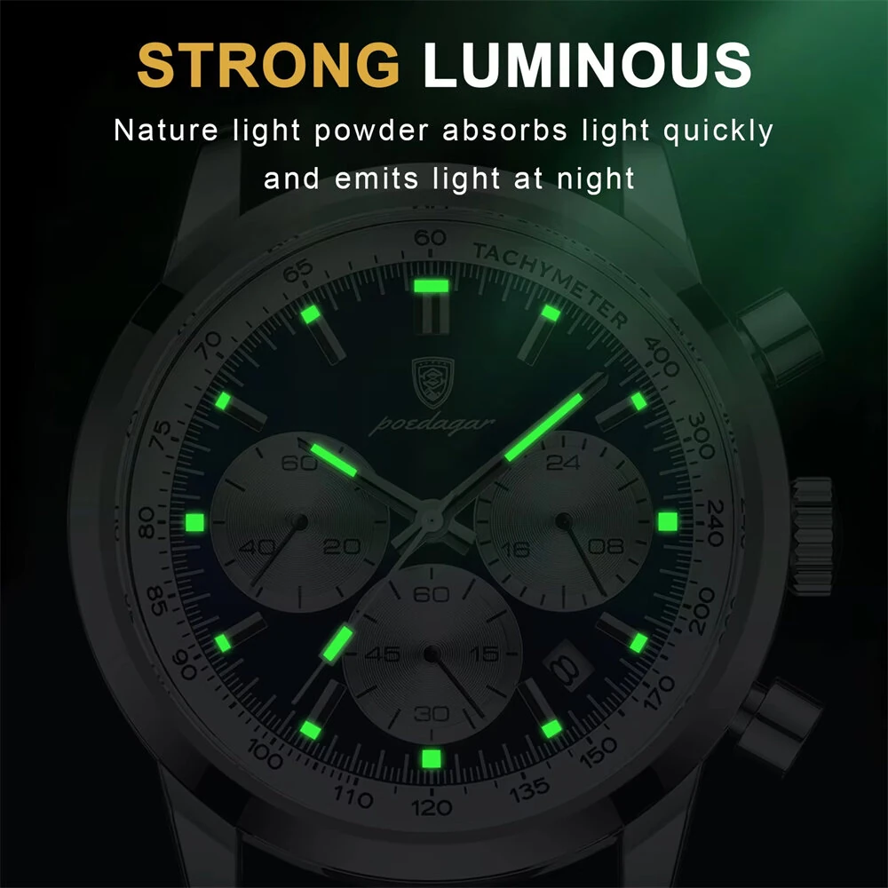 POEDAGAR Men's Luminous Waterproof Quartz Watch Fashion Comfortable Leather Multi-function Business Casual Wristwatch — view 2