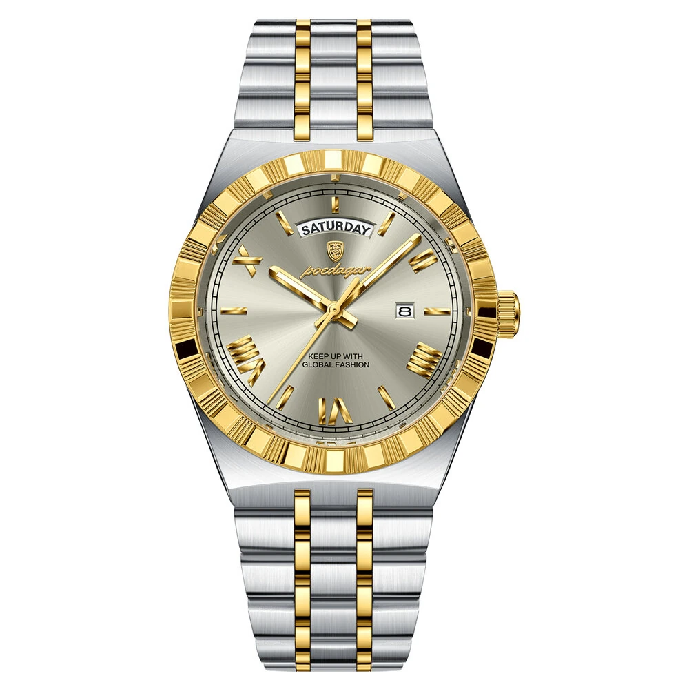 POEDAGAR Men's Quartz Watch Luminous Waterproof Business Casual Thin Steel Strap Wristwatch Dial Week Date — image 1