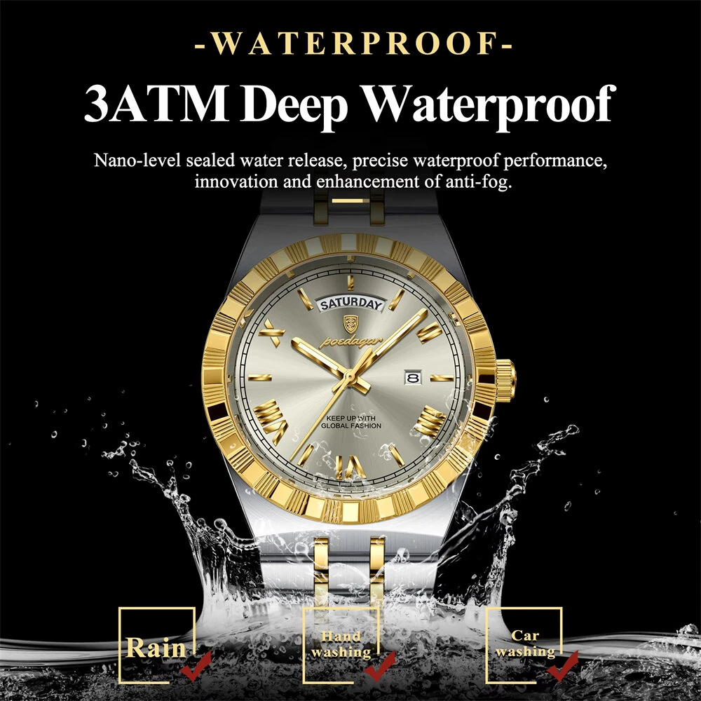 POEDAGAR Men's Quartz Watch Luminous Waterproof Business Casual Thin Steel Strap Wristwatch Dial Week Date — view 2