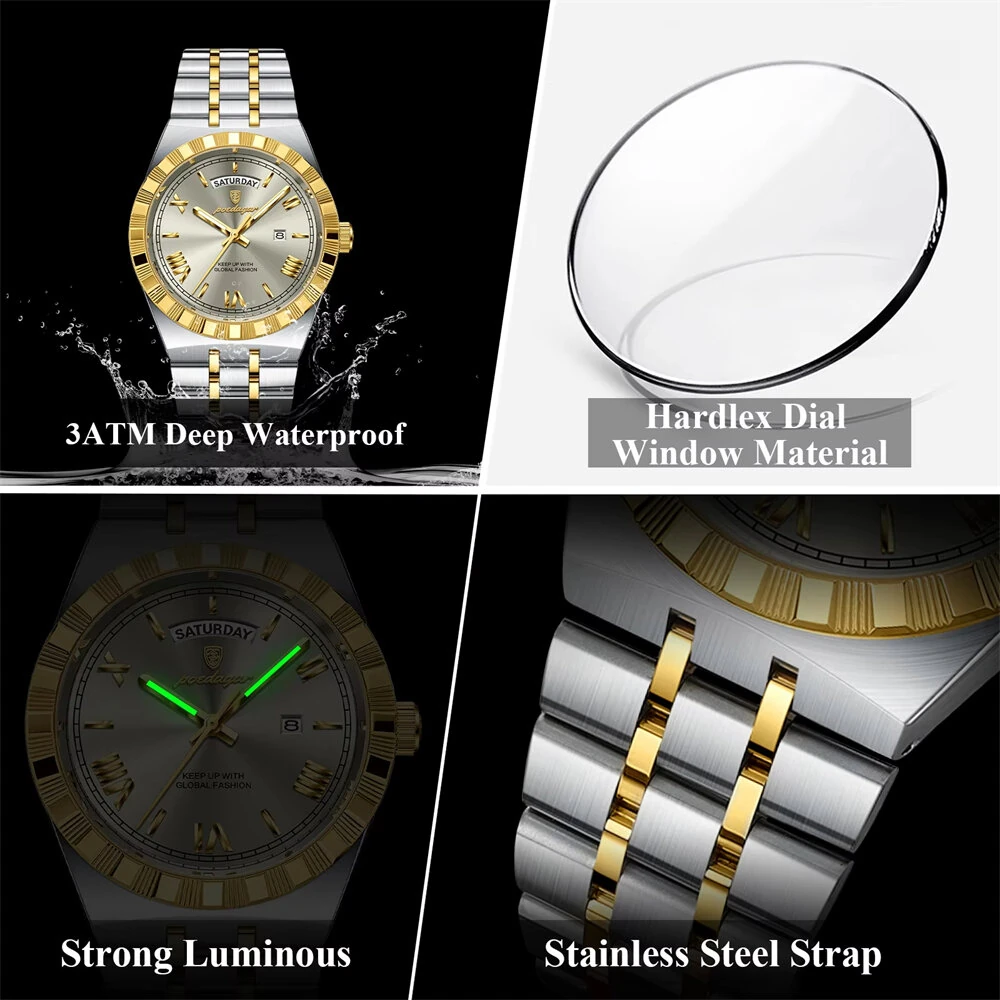 POEDAGAR Men's Quartz Watch Luminous Waterproof Business Casual Thin Steel Strap Wristwatch Dial Week Date — view 3