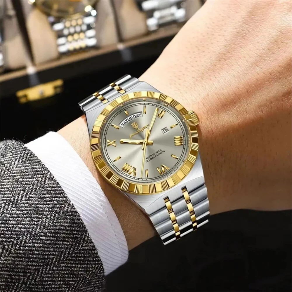POEDAGAR Men's Quartz Watch Luminous Waterproof Business Casual Thin Steel Strap Wristwatch Dial Week Date — view 5