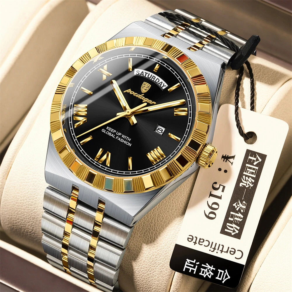 POEDAGAR Men's Quartz Watch Luminous Waterproof Business Casual Thin Steel Strap Wristwatch Dial Week Date — view 6
