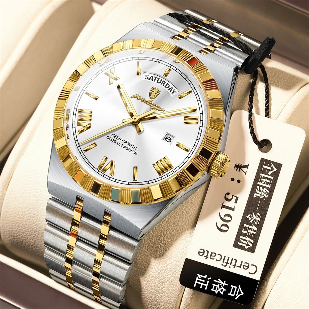 POEDAGAR Men's Quartz Watch Luminous Waterproof Business Casual Thin Steel Strap Wristwatch Dial Week Date — view 7