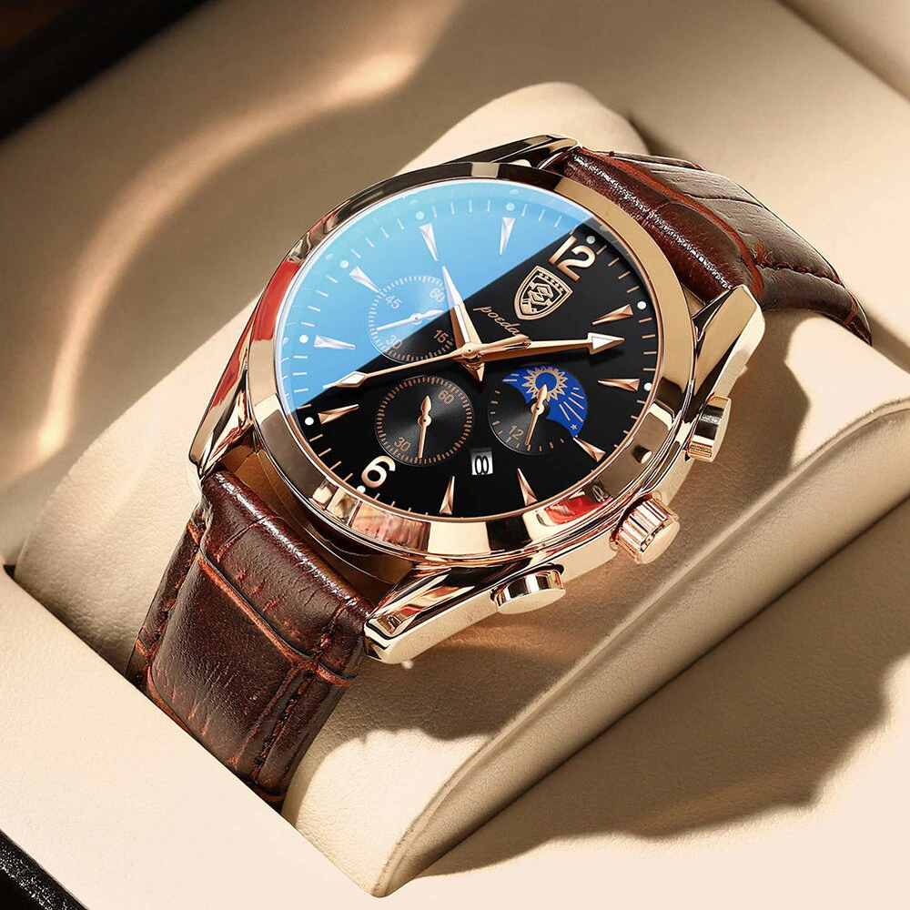 POEDAGAR Men Watches Waterproof Luminous Calendar Quartz Watch Stainless Steel Leather Watch Fashion Luxury Business Wristwatch — view 3