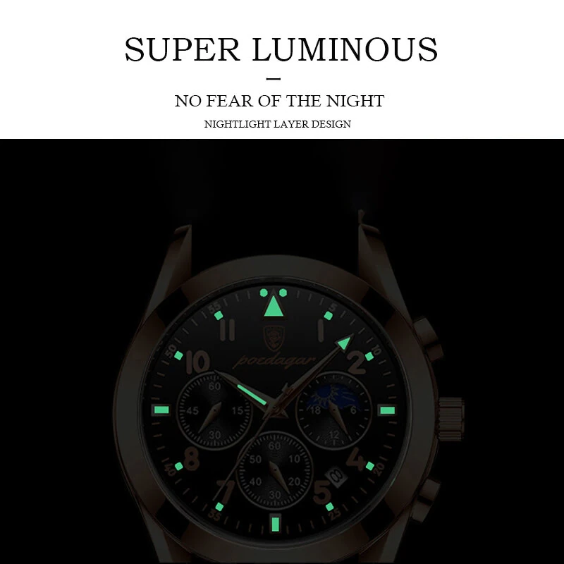 POEDAGAR Men Watches Waterproof Luminous Calendar Quartz Watch Stainless Steel Leather Watch Fashion Luxury Business Wristwatch — view 6
