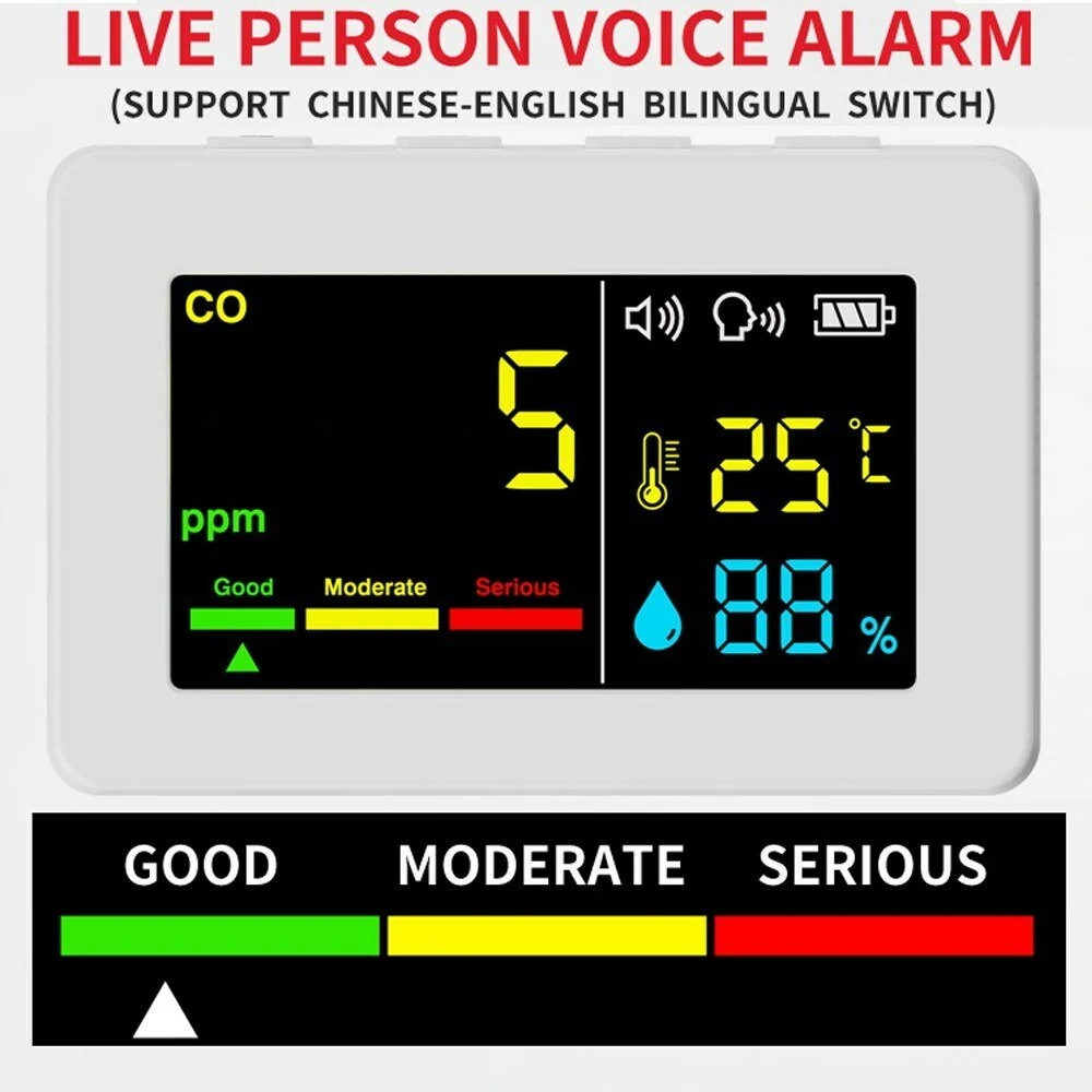 Portable Air Quality Meter 3in1 CO Temperature and Humidity Tester Color Screen Carbon Monoxide Detector with Voice Alarm and Electric Quantity Display Function — view 3