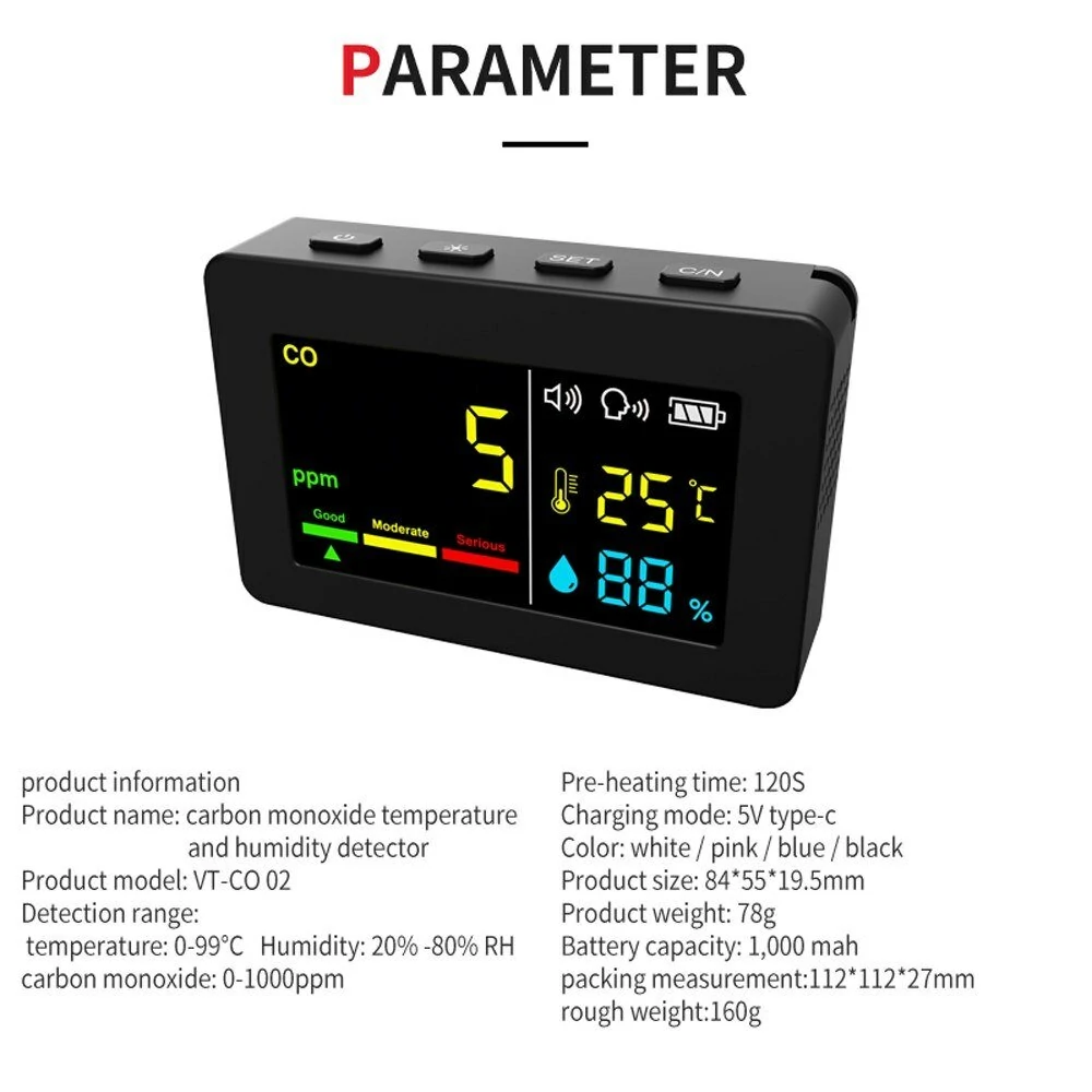 Portable Air Quality Meter 3in1 CO Temperature and Humidity Tester Color Screen Carbon Monoxide Detector with Voice Alarm and Electric Quantity Display Function — view 5