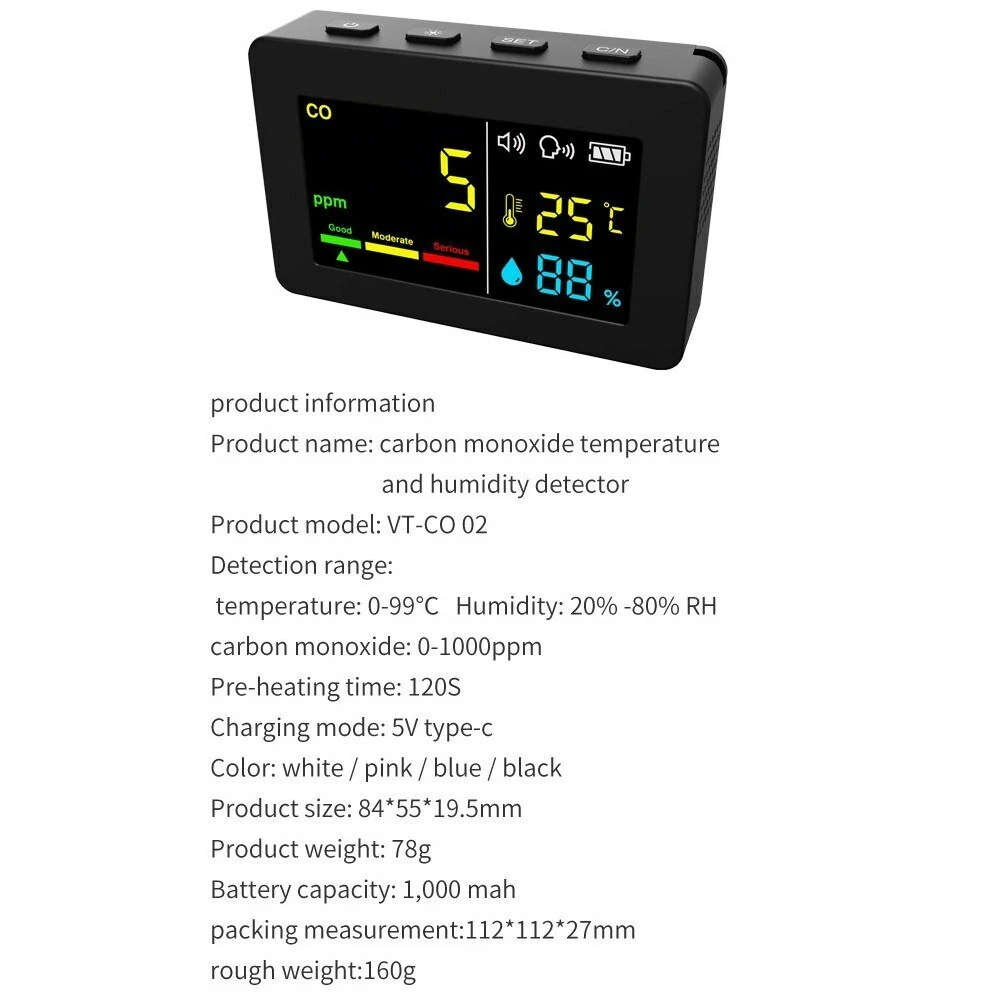 Portable Air Quality Meter 3in1 CO Temperature and Humidity Tester Color Screen Carbon Monoxide Detector with Voice Alarm and Electric Quantity Display Function — view 7