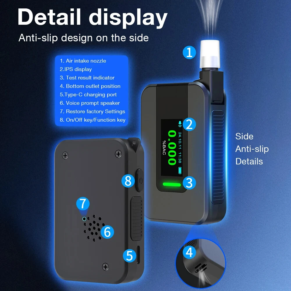 Portable Alcohol Tester Electrochemical Alcohol Detector Professional Breathalyzer IPS Display Drunk Driving Test Alcohol Meter — view 10