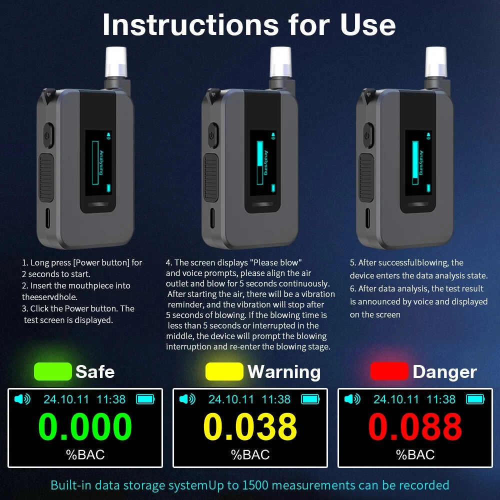 Portable Alcohol Tester Electrochemical Alcohol Detector Professional Breathalyzer IPS Display Drunk Driving Test Alcohol Meter — view 7