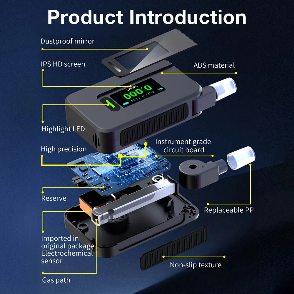 Portable Alcohol Tester Electrochemical Alcohol Detector Professional Breathalyzer IPS Display Drunk Driving Test Alcohol Meter — view 8