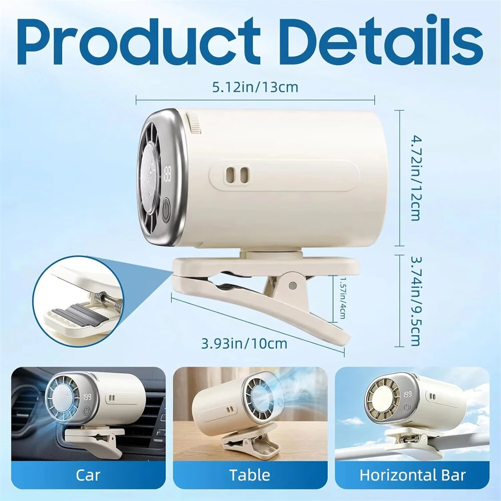 Portable Car Fan Interior Clip LED Display 360° Rotatable Backseat Fan USB Rechargeable Powerful Cooling Ultra Mini Universal Vehicle Fan — view 4