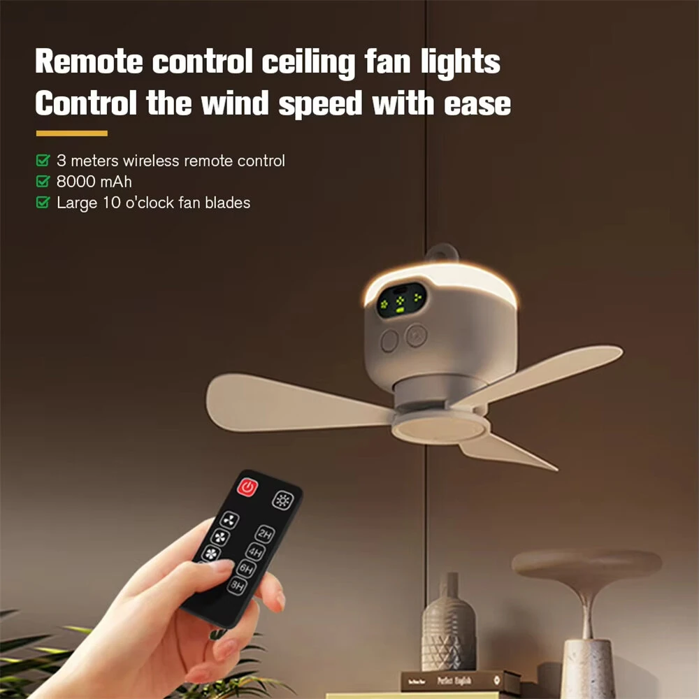 Portable Ceiling Fans 8000mAh Outdoor Camping Fan Tent Ventilator Cooler Rechargeable Electric Fan Remote Control LED Lighting — view 2