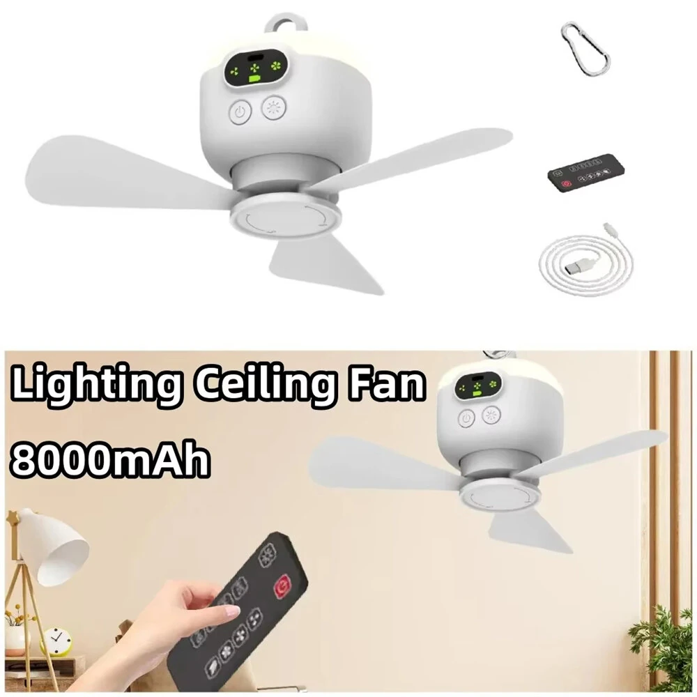 Portable Ceiling Fans 8000mAh Outdoor Camping Fan Tent Ventilator Cooler Rechargeable Electric Fan Remote Control LED Lighting — view 5
